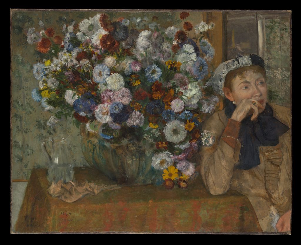 Woman seated beside a large vase of flowers in an early Degas portrait